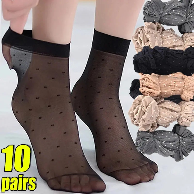 5/10 Pairs Transparent Dot Silk Socks Women Breathable Ultra-thin Elastic Stocking Female Sexy Non-Slip Lace Short Sock Natalia Home Fashion    Natalia Home Fashion