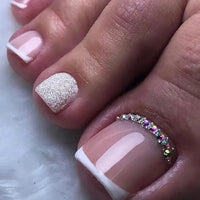 24Pcs Simple French False Toe Nails with Rhinestone Wearable Glitter Toe Fake Nails Shiny Powder Press on Nails Full Nail Tips Natalia Home Fashion   065 Natalia Home Fashion