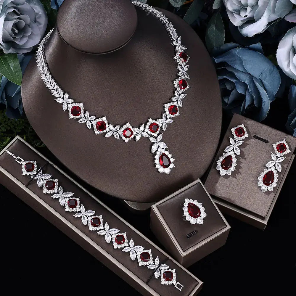 4-piece cubic zirconia bridal jewelry set, crystal wedding jewelry set Natalia Home Fashion   red-resizable Natalia Home Fashion