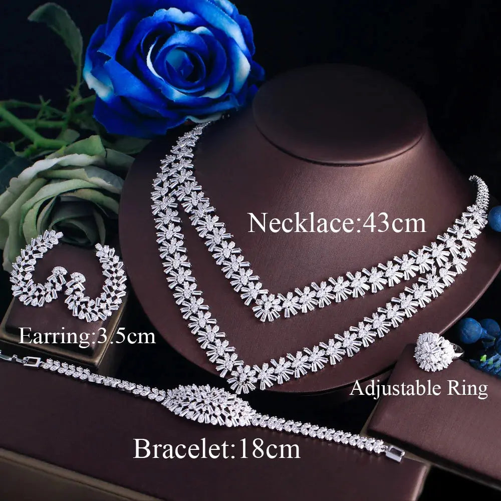 4pcs Luxury Sparkling Cubic Zirconia 2 Layered Design Flower Bridal Wedding Party Jewelry Sets for Women Natalia Home Fashion    Natalia Home Fashion