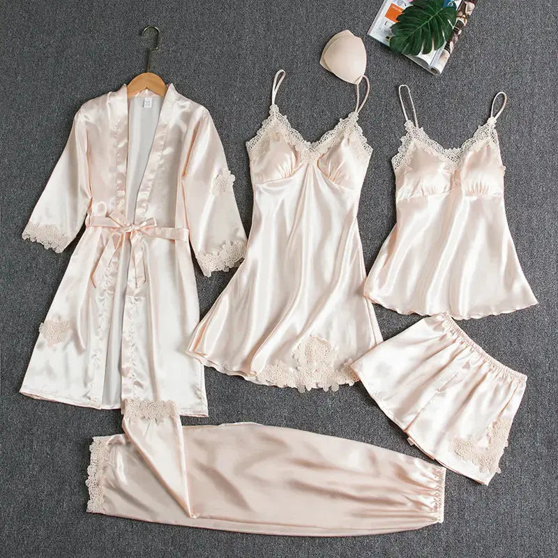 5pcs Plus Size Night Gowns Sexy Sleepwear Suit Lace Satin Nightdress For Women Set Sex Sleep Wear Soft Silk Pajamas My Store