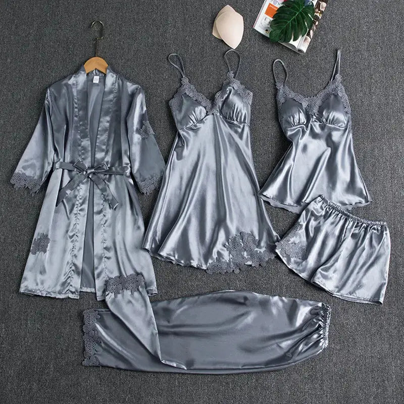 5pcs Plus Size Night Gowns Sexy Sleepwear Suit Lace Satin Nightdress For Women Set Sex Sleep Wear Soft Silk Pajamas My Store