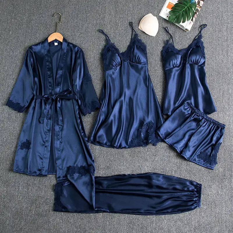 5pcs Plus Size Night Gowns Sexy Sleepwear Suit Lace Satin Nightdress For Women Set Sex Sleep Wear Soft Silk Pajamas My Store