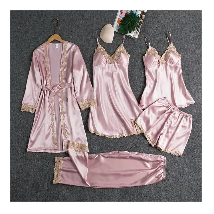 5pcs Plus Size Night Gowns Sexy Sleepwear Suit Lace Satin Nightdress For Women Set Sex Sleep Wear Soft Silk Pajamas My Store