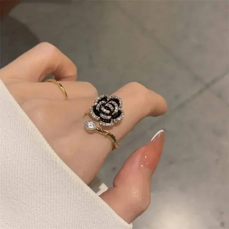 Black Rose Shaped Metal Opening Rings for Woman Girls Fashion Luxury Zircon Adjustable Index Finger Rings Jewelry Party Natalia Home Fashion    Natalia Home Fashion