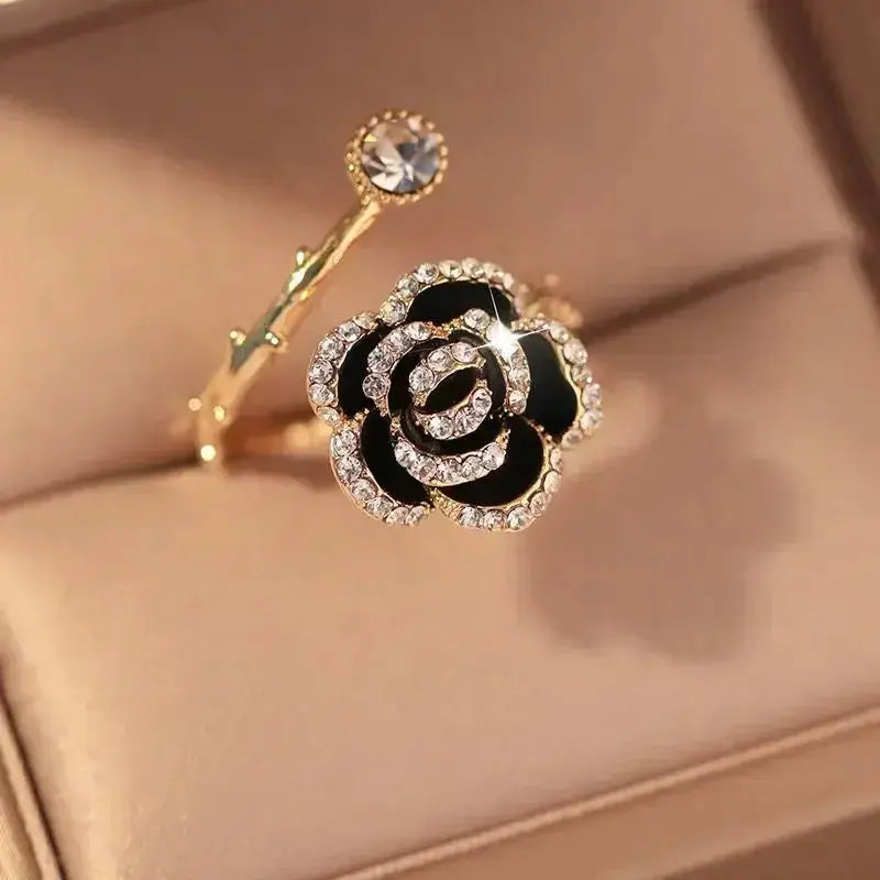 Black Rose Shaped Metal Opening Rings for Woman Girls Fashion Luxury Zircon Adjustable Index Finger Rings Jewelry Party Natalia Home Fashion    Natalia Home Fashion