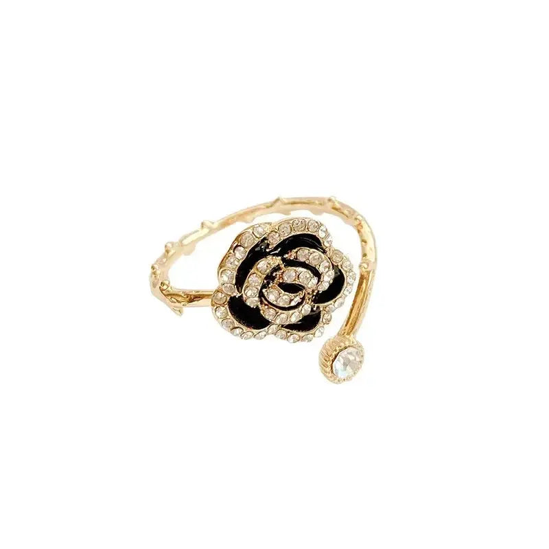 Black Rose Shaped Metal Opening Rings for Woman Girls Fashion Luxury Zircon Adjustable Index Finger Rings Jewelry Party Natalia Home Fashion    Natalia Home Fashion