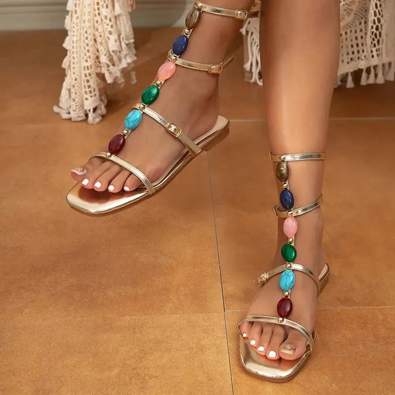 Bohemian Style Casual Gladiator Sandals Women Summer Fashion Color Gem Strap Open Toe Flat Shoes Roma Sandals Natalia Home Fashion    Natalia Home Fashion