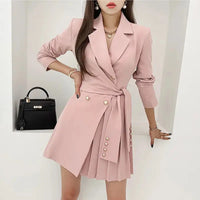 Casual Spring Autumn Fashion V-Neck Long Sleeve Pleated Woman Blazer mini formal office elegant Women Dress My Store