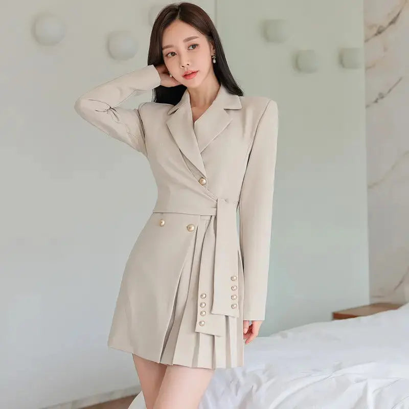 Casual Spring Autumn Fashion V-Neck Long Sleeve Pleated Woman Blazer mini formal office elegant Women Dress My Store