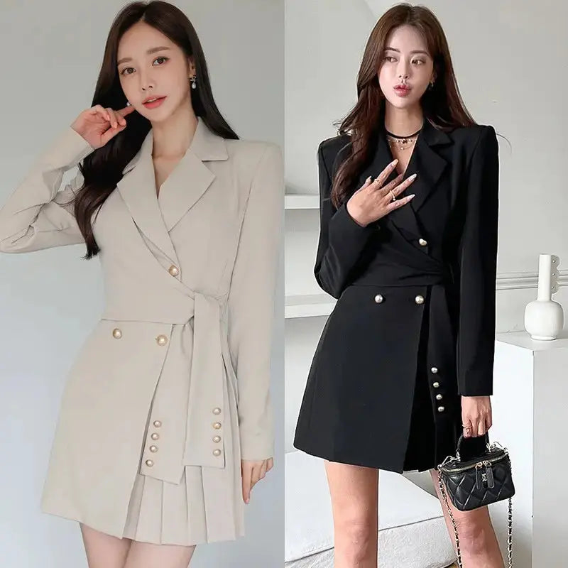 Casual Spring Autumn Fashion V-Neck Long Sleeve Pleated Woman Blazer mini formal office elegant Women Dress My Store