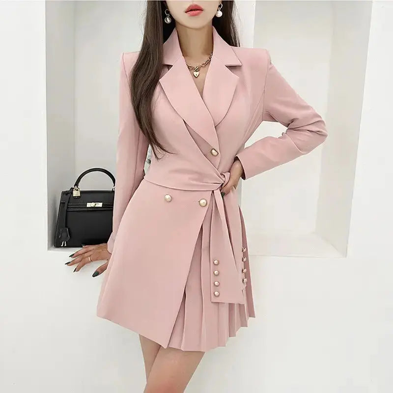 Casual Spring Autumn Fashion V-Neck Long Sleeve Pleated Woman Blazer mini formal office elegant Women Dress My Store