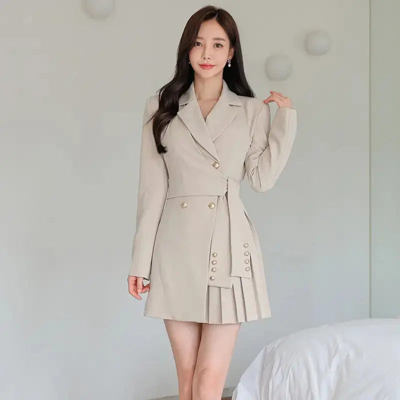 Casual Spring Autumn Fashion V-Neck Long Sleeve Pleated Woman Blazer mini formal office elegant Women Dress My Store