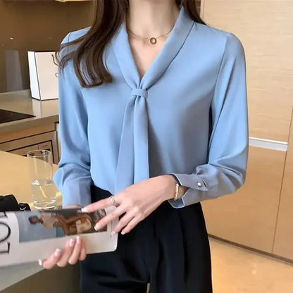 Chiffon Blouse Solid Bow V-neck Office Lady Tops Long Sleeve Plain Dyed Technique Spring Top Pick Summer Woven My Store