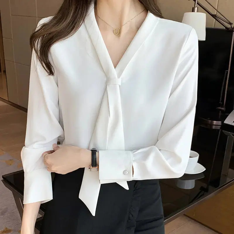 Chiffon Blouse Solid Bow V-neck Office Lady Tops Long Sleeve Plain Dyed Technique Spring Top Pick Summer Woven My Store