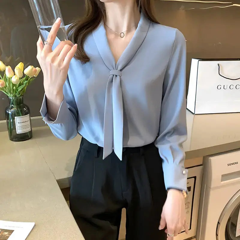 Chiffon Blouse Solid Bow V-neck Office Lady Tops Long Sleeve Plain Dyed Technique Spring Top Pick Summer Woven My Store