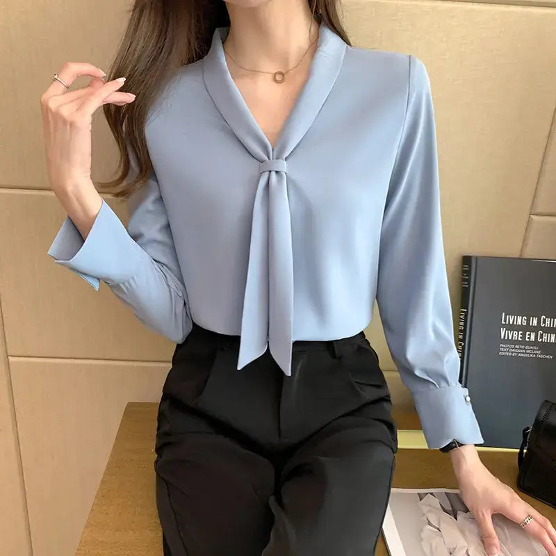 Chiffon Blouse Solid Bow V-neck Office Lady Tops Long Sleeve Plain Dyed Technique Spring Top Pick Summer Woven My Store