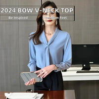 Chiffon Blouse Solid Bow V-neck Office Lady Tops Long Sleeve Plain Dyed Technique Spring Top Pick Summer Woven My Store