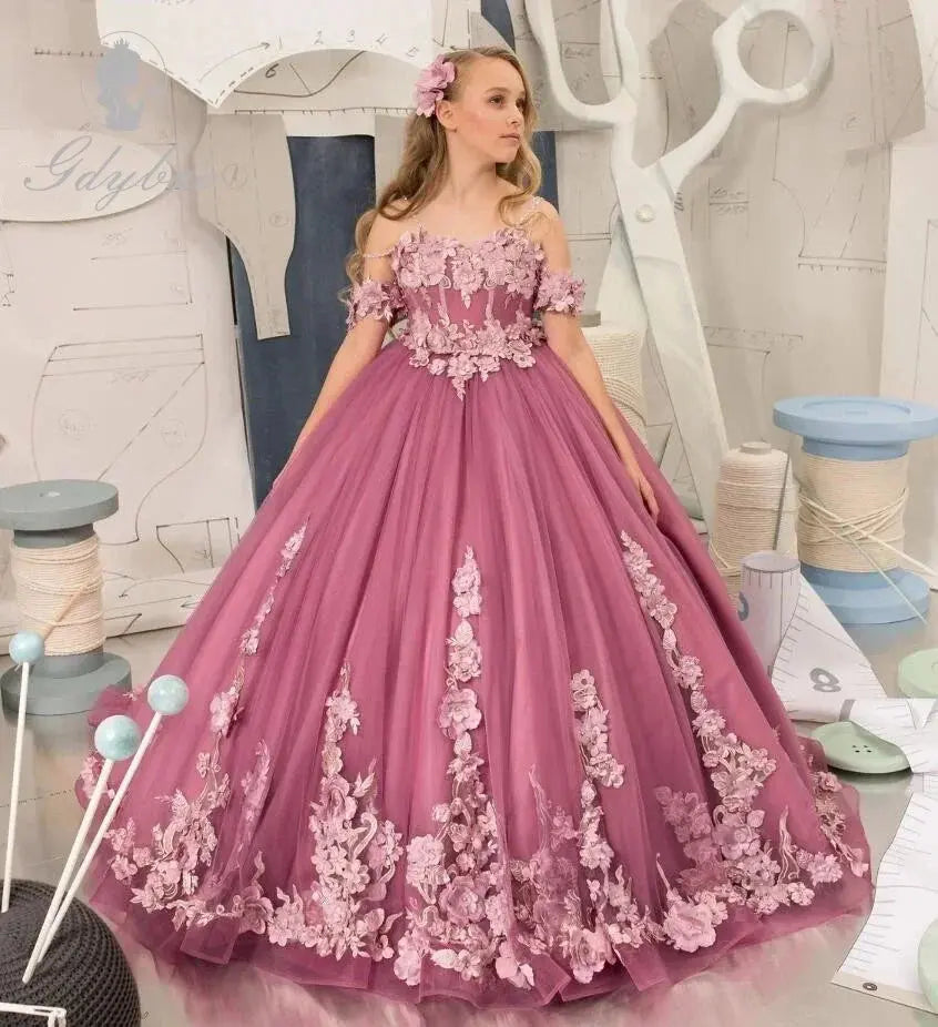 Dark Pink Flower Girl Dress For Wedding Applique Sleeveless Tulle Puffy Birthday Party Children Photoshoot Ball Gown Prom Natalia Home Fashion    Natalia Home Fashion