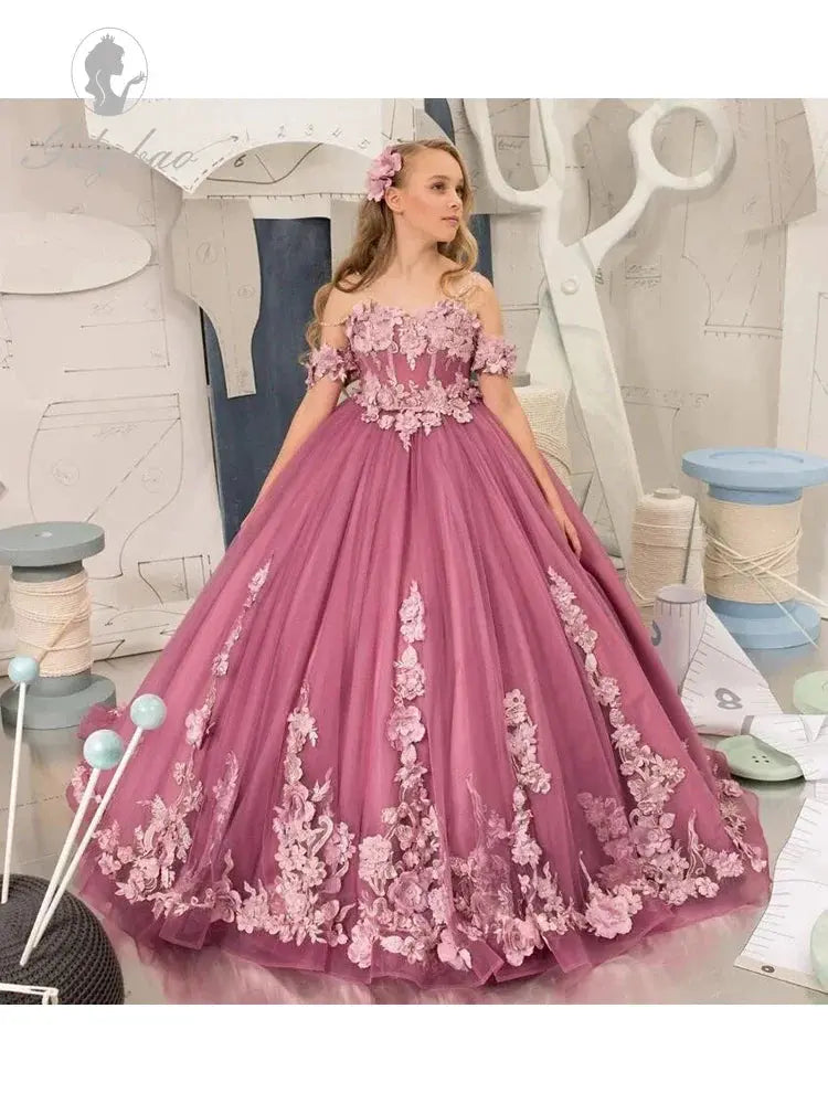 Dark Pink Flower Girl Dress For Wedding Applique Sleeveless Tulle Puffy Birthday Party Children Photoshoot Ball Gown Prom Natalia Home Fashion    Natalia Home Fashion