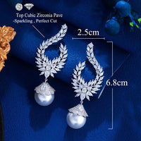 Elegant Shiny Cubic Zirconia Big Simulated Pearl Long Statement Bridal Earrings Women Wedding Party Jewelry Natalia Home Fashion    Natalia Home Fashion