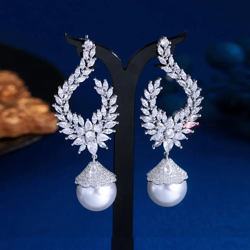 Elegant Shiny Cubic Zirconia Big Simulated Pearl Long Statement Bridal Earrings Women Wedding Party Jewelry Natalia Home Fashion    Natalia Home Fashion