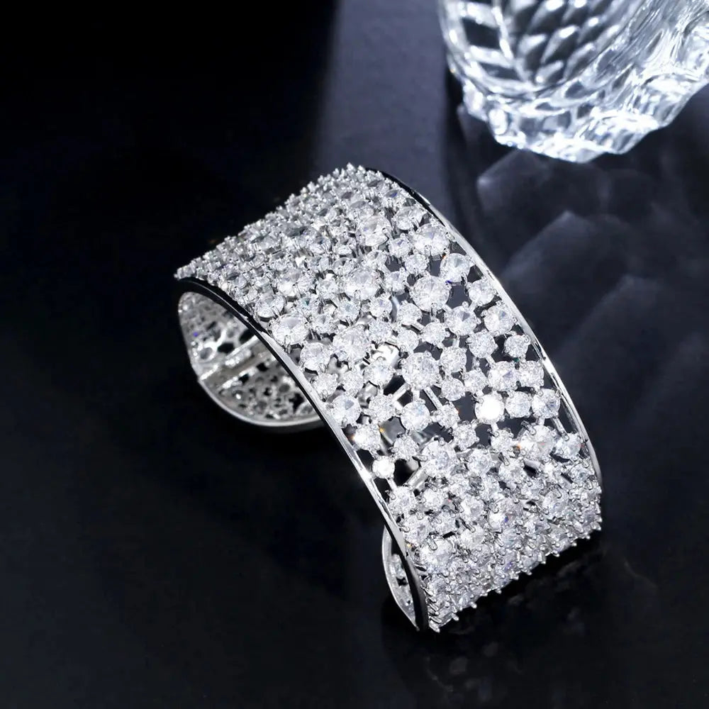 Elegant Shiny Cubic Zirconia Silver Color Luxury Big Wide Bridal Wedding Bangle Bracelet for Women Jewelry Natalia Home Fashion    Natalia Home Fashion