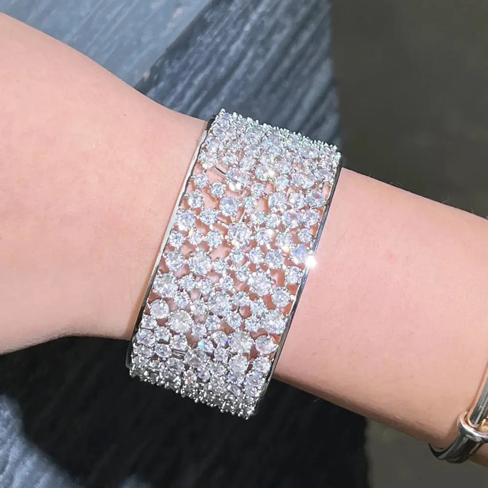 Elegant Shiny Cubic Zirconia Silver Color Luxury Big Wide Bridal Wedding Bangle Bracelet for Women Jewelry Natalia Home Fashion    Natalia Home Fashion