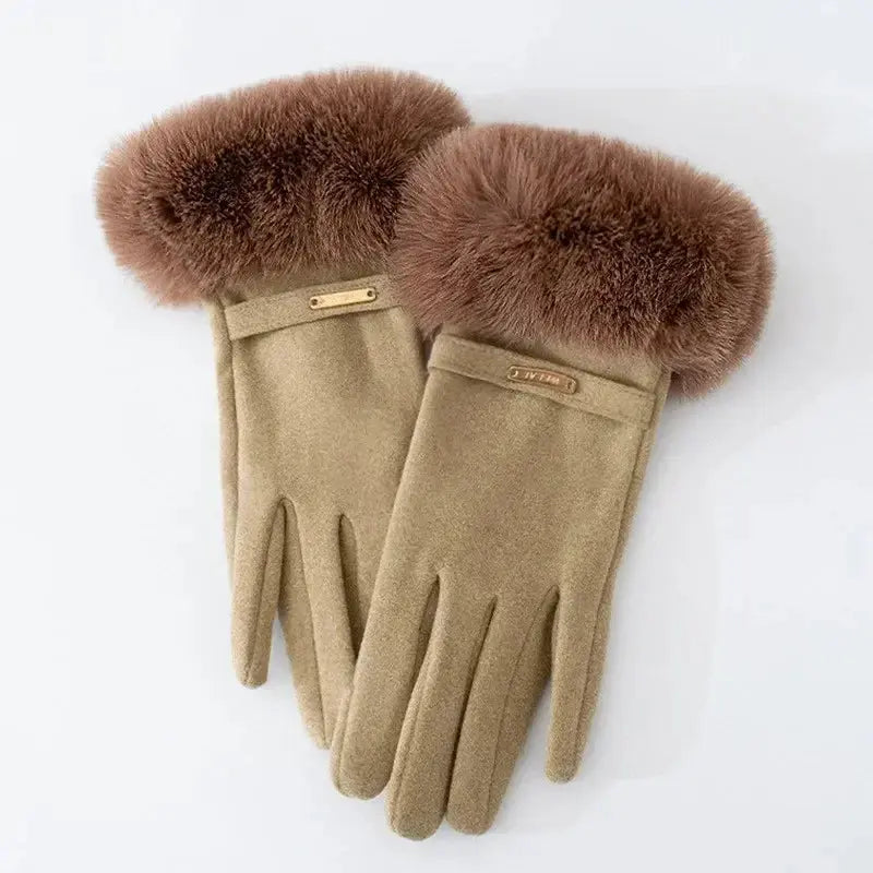 Elegant Women's Gloves Touch Screen Velvet Thickened Gloves Rabbit Fur Women's Warm Mittens Glove Natalia Home Fashion   Khaki-One-Size Natalia Home Fashion