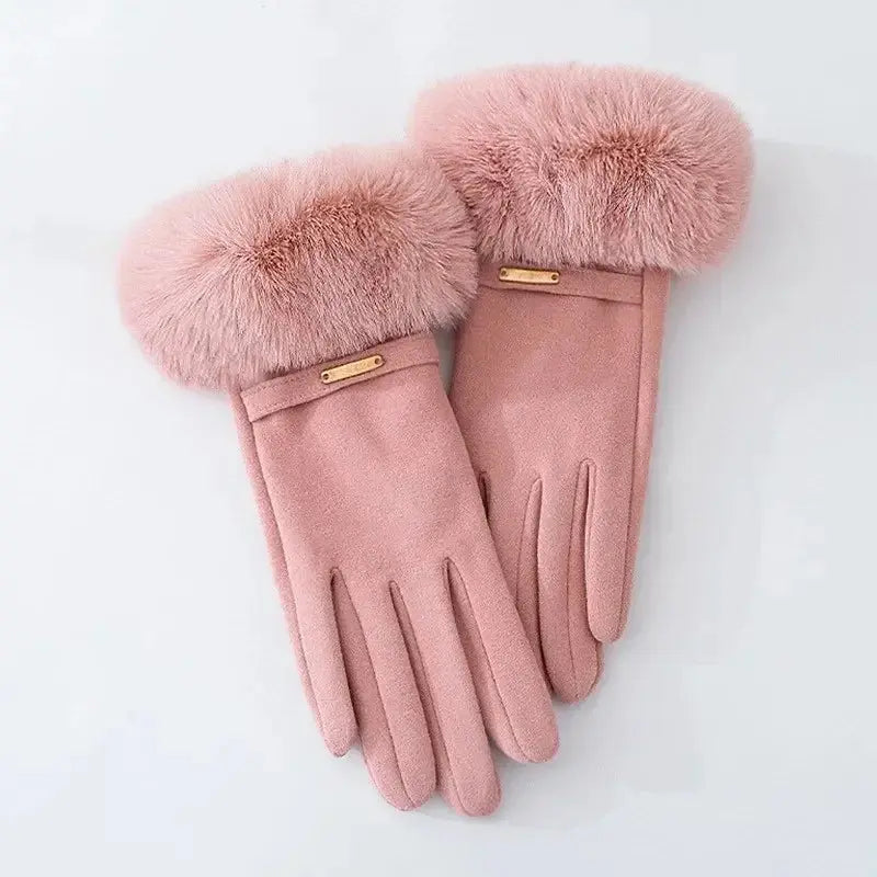 Elegant Women's Gloves Touch Screen Velvet Thickened Gloves Rabbit Fur Women's Warm Mittens Glove Natalia Home Fashion   Pink-One-Size Natalia Home Fashion