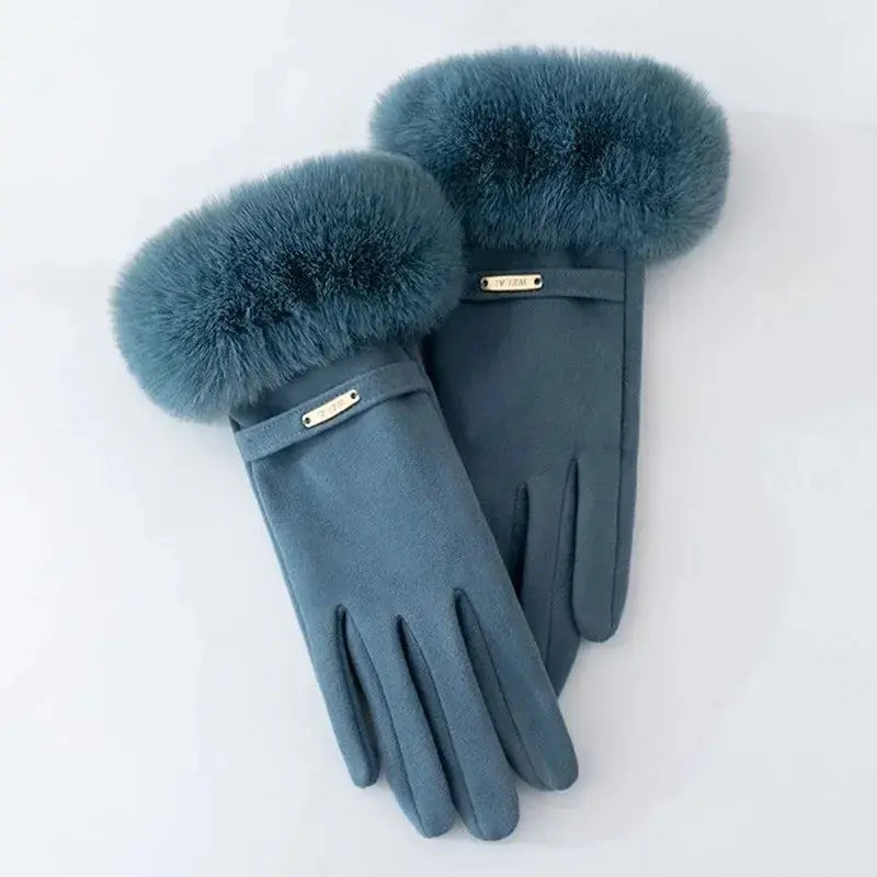 Elegant Women's Gloves Touch Screen Velvet Thickened Gloves Rabbit Fur Women's Warm Mittens Glove Natalia Home Fashion   blue-One-Size Natalia Home Fashion