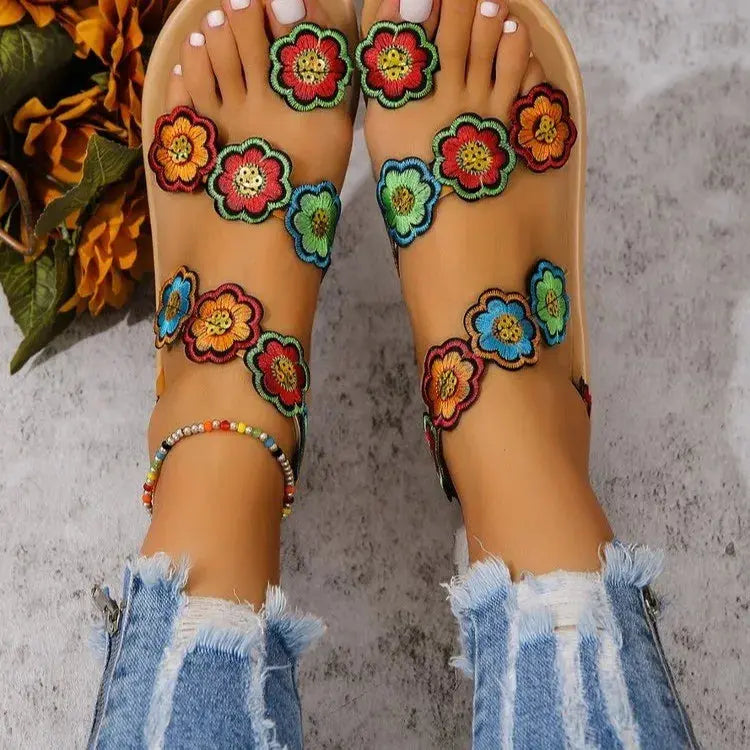 Embroidered Faux Flower Fashion Sandals Flats Every day wear Slippers Natalia Home Fashion   925-39 Natalia Home Fashion