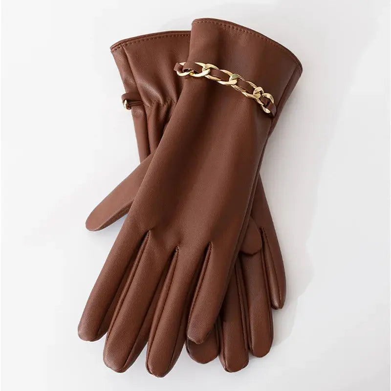 Fashion Chain Women' PU Leather Gloves Winter Warm Plus Velvet Thicken Full Finger Outdoor Riding Touch Screen Driving Mittens Natalia Home Fashion    Natalia Home Fashion