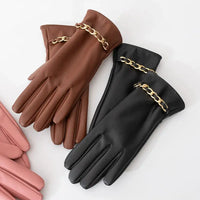 Fashion Chain Women' PU Leather Gloves Winter Warm Plus Velvet Thicken Full Finger Outdoor Riding Touch Screen Driving Mittens Natalia Home Fashion    Natalia Home Fashion