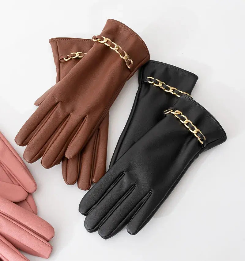 Fashion Chain Women' PU Leather Gloves Winter Warm Plus Velvet Thicken Full Finger Outdoor Riding Touch Screen Driving Mittens Natalia Home Fashion    Natalia Home Fashion