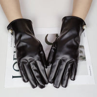 Fashion Chain Women' PU Leather Gloves Winter Warm Plus Velvet Thicken Full Finger Outdoor Riding Touch Screen Driving Mittens Natalia Home Fashion   Black-Peal-One-Size Natalia Home Fashion