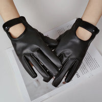 Fashion Chain Women' PU Leather Gloves Winter Warm Plus Velvet Thicken Full Finger Outdoor Riding Touch Screen Driving Mittens Natalia Home Fashion   Black-Button-One-Size Natalia Home Fashion