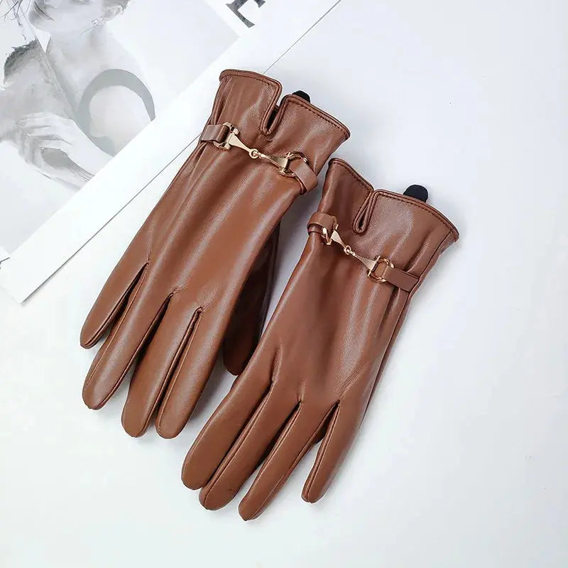 Fashion Chain Women' PU Leather Gloves Winter Warm Plus Velvet Thicken Full Finger Outdoor Riding Touch Screen Driving Mittens Natalia Home Fashion   Coffee-One-Size Natalia Home Fashion