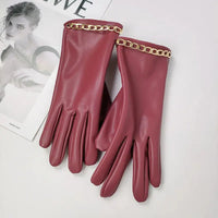 Fashion Chain Women' PU Leather Gloves Winter Warm Plus Velvet Thicken Full Finger Outdoor Riding Touch Screen Driving Mittens Natalia Home Fashion   Red-One-Size Natalia Home Fashion