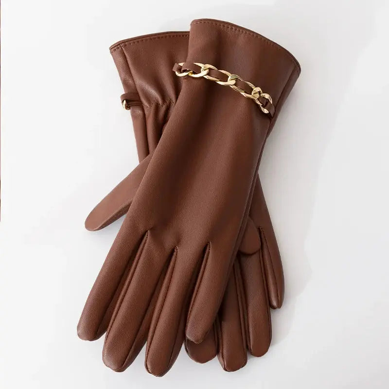 Fashion Chain Women' PU Leather Gloves Winter Warm Plus Velvet Thicken Full Finger Outdoor Riding Touch Screen Driving Mittens Natalia Home Fashion   Coffee-1-One-Size Natalia Home Fashion