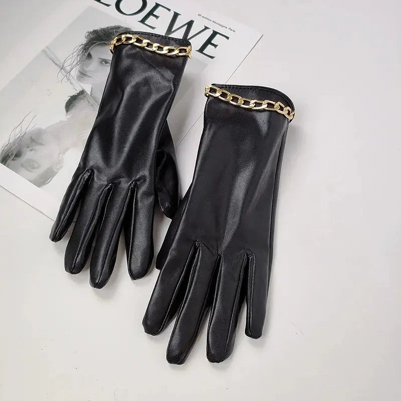 Fashion Chain Women' PU Leather Gloves Winter Warm Plus Velvet Thicken Full Finger Outdoor Riding Touch Screen Driving Mittens Natalia Home Fashion   Black-D-One-Size Natalia Home Fashion