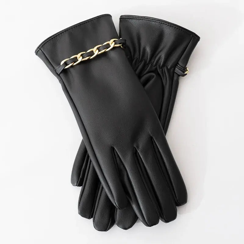 Fashion Chain Women' PU Leather Gloves Winter Warm Plus Velvet Thicken Full Finger Outdoor Riding Touch Screen Driving Mittens Natalia Home Fashion   Black-B-One-Size Natalia Home Fashion