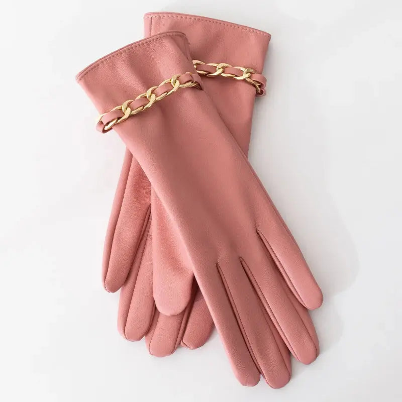 Fashion Chain Women' PU Leather Gloves Winter Warm Plus Velvet Thicken Full Finger Outdoor Riding Touch Screen Driving Mittens Natalia Home Fashion   Pink-One-Size Natalia Home Fashion