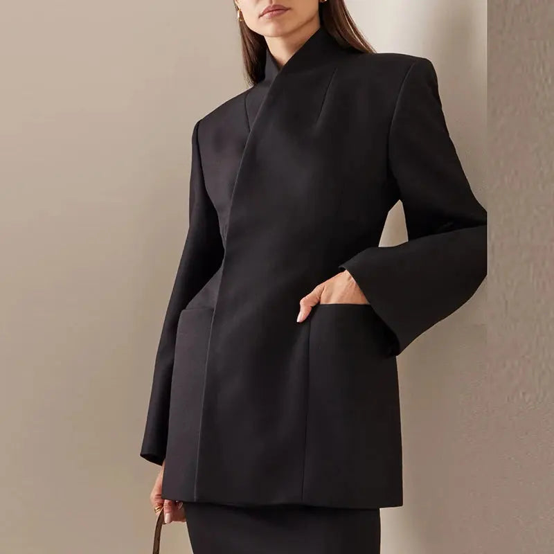 Fashion Stand Collar Temperament Jacket High Street Pocket Coat Women Solid Color Long Sleeve Banquet Blazer Natalia Home Fashion   02-Black-M Natalia Home Fashion