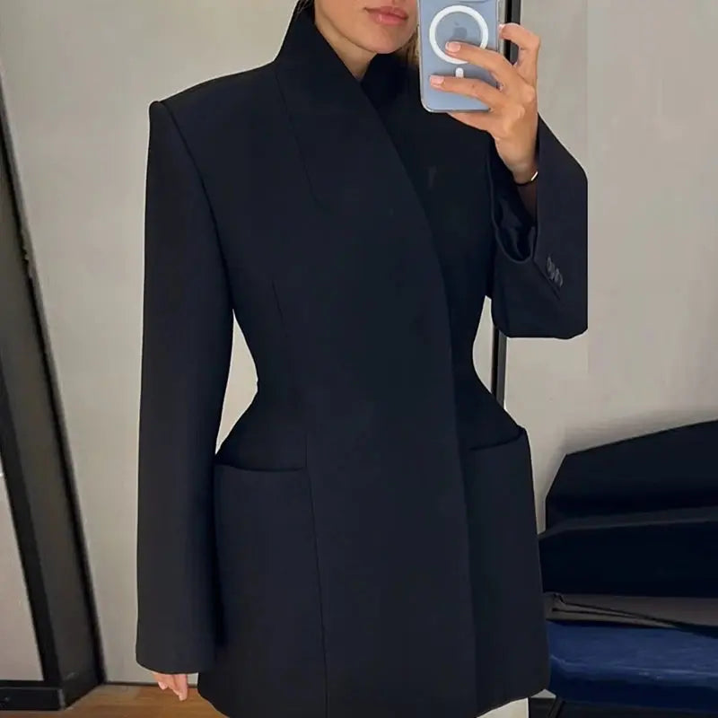 Fashion Stand Collar Temperament Jacket High Street Pocket Coat Women Solid Color Long Sleeve Banquet Blazer Natalia Home Fashion    Natalia Home Fashion