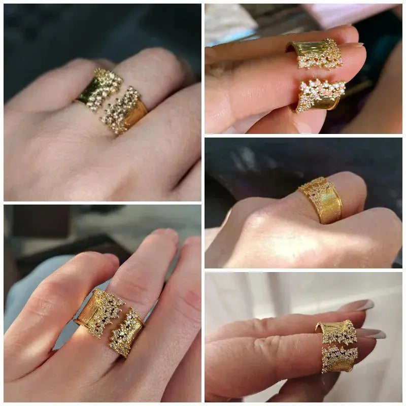 Fashion Women's Finger Ring with CZ Stone Wiredrawing Effect Gold Color Wide Rings Luxury Female Jewelry Party Natalia Home Fashion    Natalia Home Fashion