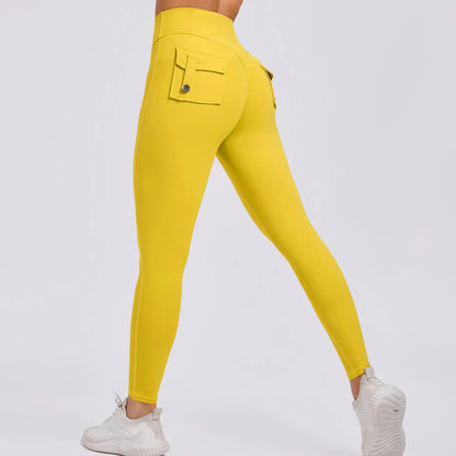 Fitness Leggings Women Yoga Pants Pocket High Waist Push Up Sport Leggings Women Super Stretchy Gym Workout Tights Running Pants Natalia Home Fashion   Sun-Yellow-M Natalia Home Fashion