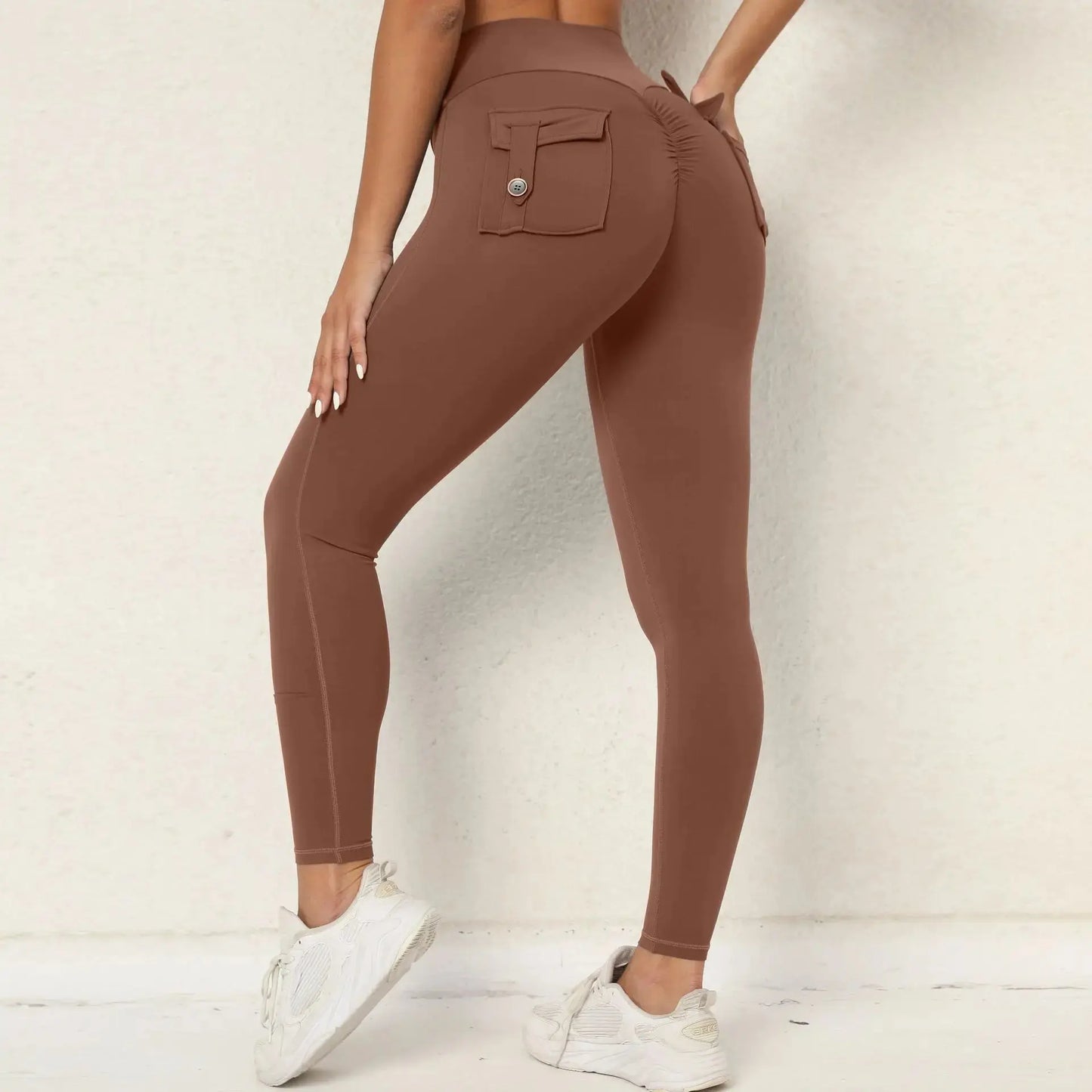 Fitness Leggings Women Yoga Pants Pocket High Waist Push Up Sport Leggings Women Super Stretchy Gym Workout Tights Running Pants Natalia Home Fashion   Bronze-color-M Natalia Home Fashion