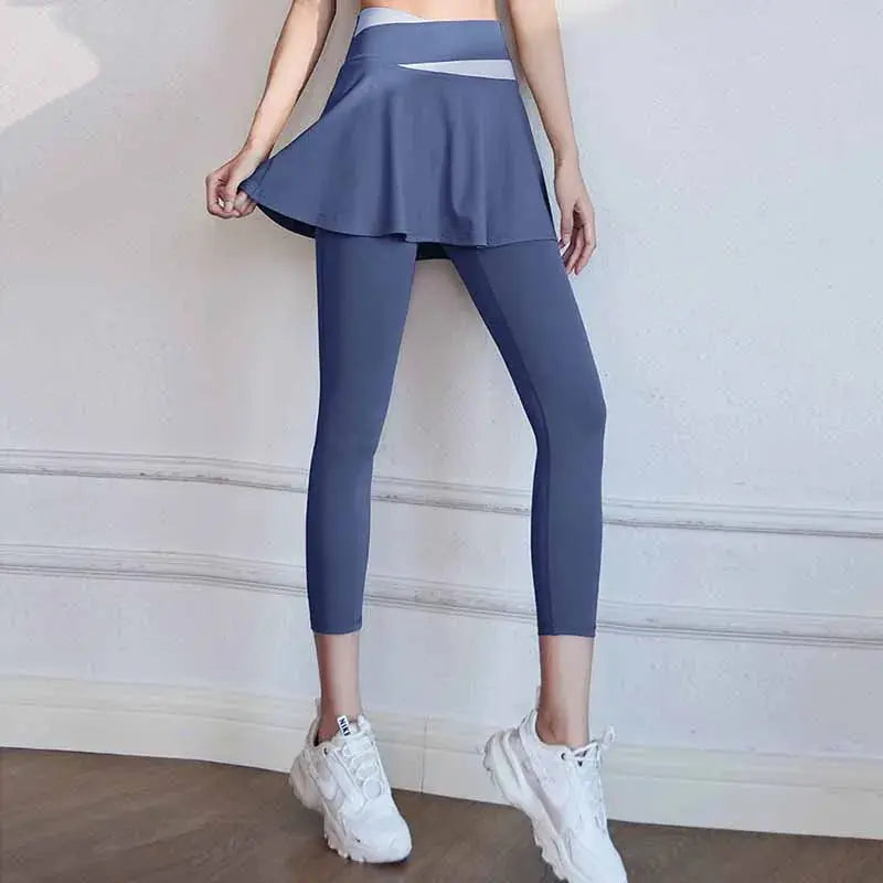 Fitness Yoga Pants With Skirt Women Two Pieces Sports Leggings Gym Push Up Patchwork Crossover High Waist Tight Pants Natalia Home Fashion    Natalia Home Fashion