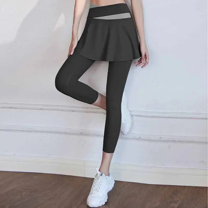 Fitness Yoga Pants With Skirt Women Two Pieces Sports Leggings Gym Push Up Patchwork Crossover High Waist Tight Pants Natalia Home Fashion    Natalia Home Fashion